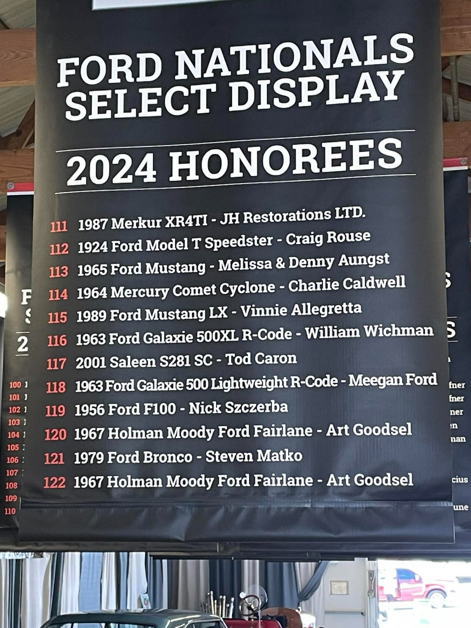 2024 Ford Nationals Select Display Honorees board listing Steven Matko's 1979 Ford Bronco as number 121